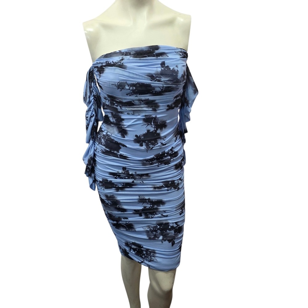 Saints & Secrets M Blue Black Floral Ruched Mesh Off Shoulder Midi Bodycon Dress